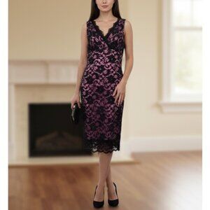 Black Floral Lace Dress Pink Lining Sleeveless V-Neck Mica Size L Whimsigoth